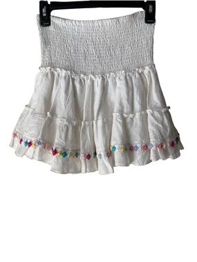 Idillio Positano White Linen Smocked Embroidered Ruffle Mini Skirt  Size XS/S